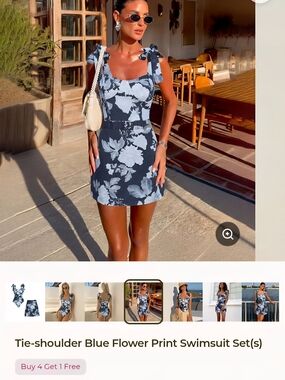 Fkaxmaker Blue Floral Tie-Shoulder SWIMSUIT with Skirt